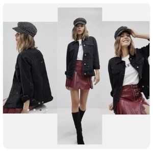 Stradivarius Oversized Distressed Denim Jacket Size Large Black Cotton Grunge